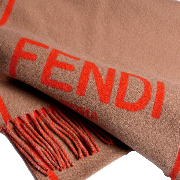 Fendi Roma Cashmere Scarf Beige Orange Logo in Beige, authentic new scarves & shawl, image 4