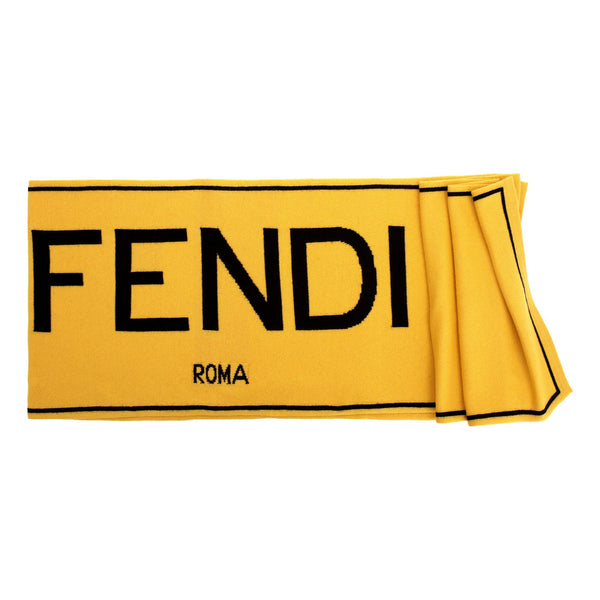 Fendi Roma Knitted Wool & Cashmere Yellow Black Logo Scarf in Black, authentic new scarves & shawl, image 2