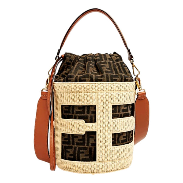 FENDI Step Out Bucket Bag Mini Canvas and Leather Zucca FF Logo in Gold, authentic new handbag, image 1