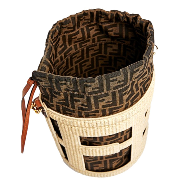 Fendi Step Out Straw and Canvas Medium Bucket Bag FF Monogram, authentic new handbag, image 4