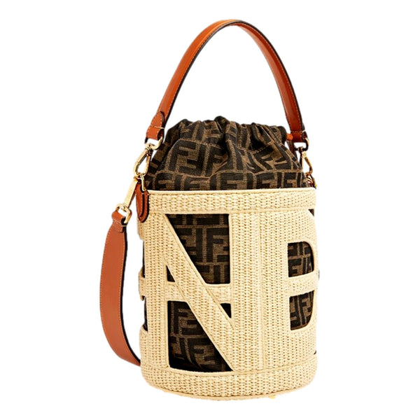 Fendi Step Out Straw and Canvas Medium Bucket Bag FF Monogram, authentic new handbag, image 2