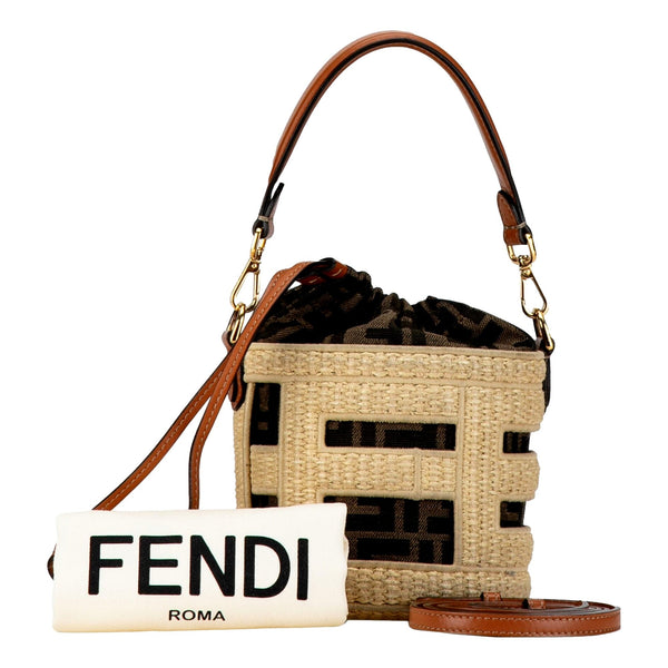 Fendi Step Out Straw and Canvas Medium Bucket Bag FF Monogram, authentic new handbag, image 1