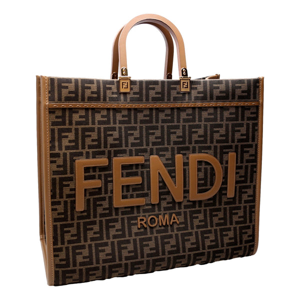 Fendi Sunshine Large Zucca Jacquard Canvas and Brown Leather Top Handle Tote Bag in Brown, authentic new handbag, image 2