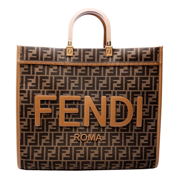 Fendi Sunshine Large Zucca Jacquard Canvas and Brown Leather Top Handle Tote Bag in Brown, authentic new handbag, image 1