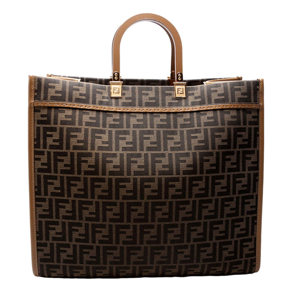 Fendi Sunshine Large Zucca Jacquard Canvas and Brown Leather Top Handle Tote Bag in Brown, authentic new handbag, image 3