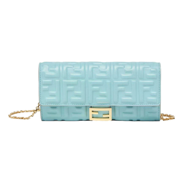 Fendi Baguette FF Embossed Lambskin Wallet on a Chain Crossbody in Light Blue in Light blue, authentic new handbag, image 1