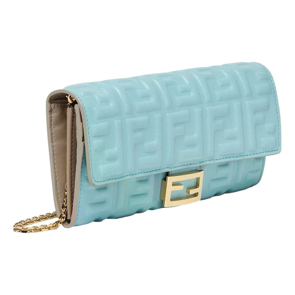 Fendi Baguette FF Embossed Lambskin Wallet on a Chain Crossbody in Light Blue in Light blue, authentic new handbag, image 2