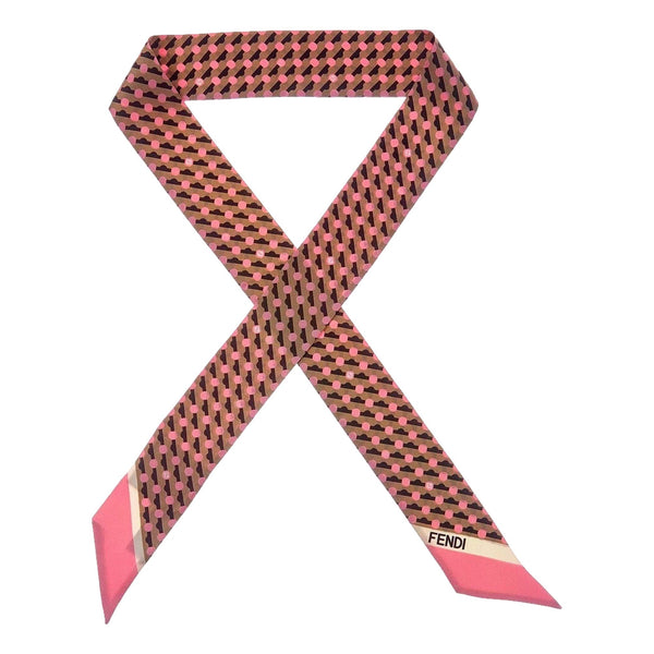 Fendi Wrappy Silk Bag Scarf in Pink and Brown Geometric Print – front view