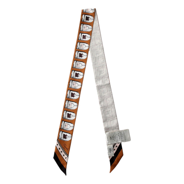 Fendi Two Sided Silk Wrappy Scarf in Caramel Baguette Print and White FF – front view