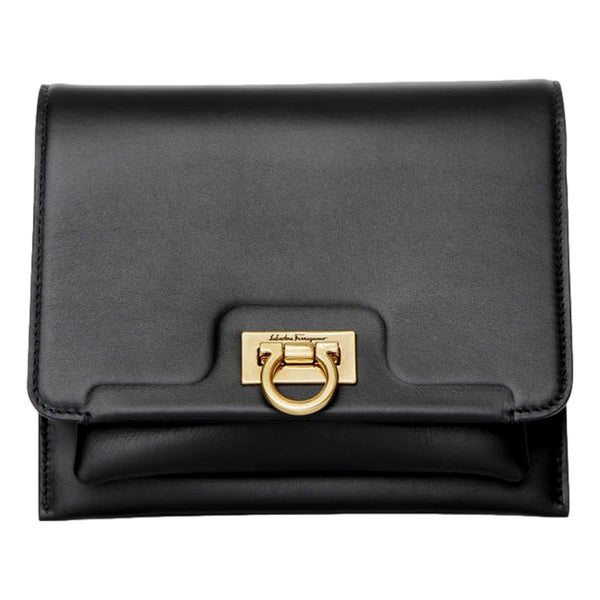 Ferragamo Trifolio Black Leather Flap Crossbody Bag Gold Gancini Designer in Black, authentic new handbag, image 1