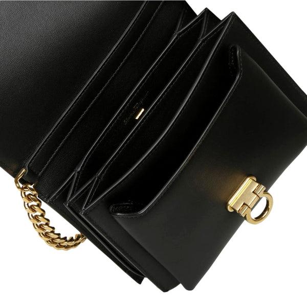 Ferragamo Trifolio Black Leather Flap Crossbody Bag Gold Gancini Designer in Black, authentic new handbag, image 4