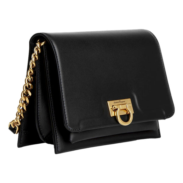 Ferragamo Trifolio Black Leather Flap Crossbody Bag Gold Gancini Designer in Black, authentic new handbag, image 2