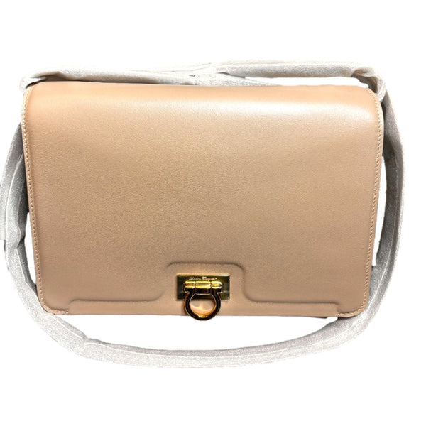 Ferragamo Trifolio Soft Leather Flap Crossbody Bag Ameretti Beige Gold Hardware – front view