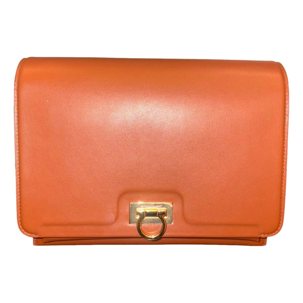 Ferragamo Trifolio Cognac Brown Soft Leather Flap Crossbody Bag Gold Gancini in Cognac Brown, authentic new handbag, image 1