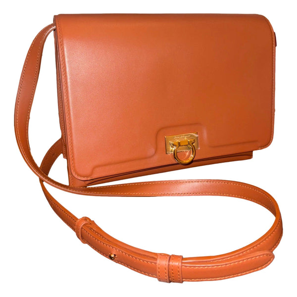 Ferragamo Trifolio Cognac Brown Soft Leather Flap Crossbody Bag Gold Gancini in Cognac Brown, authentic new handbag, image 2