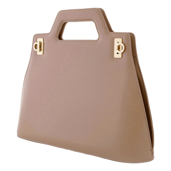 Ferragamo Wanda Beige Patent Leather Top Handle Handbag in Beige, authentic new handbag, image 2