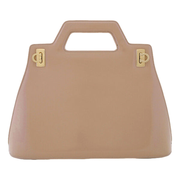 Ferragamo Wanda Beige Patent Leather Top Handle Handbag in Beige, authentic new handbag, image 1
