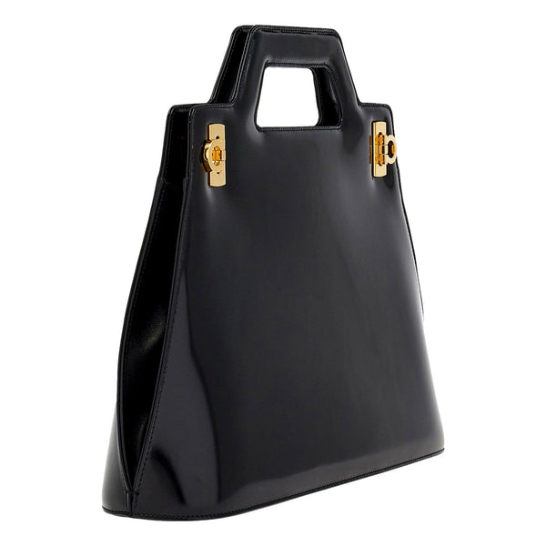 Ferragamo Wanda Black Patent Leather Top Handle Handbag in Black, authentic new handbag, image 3
