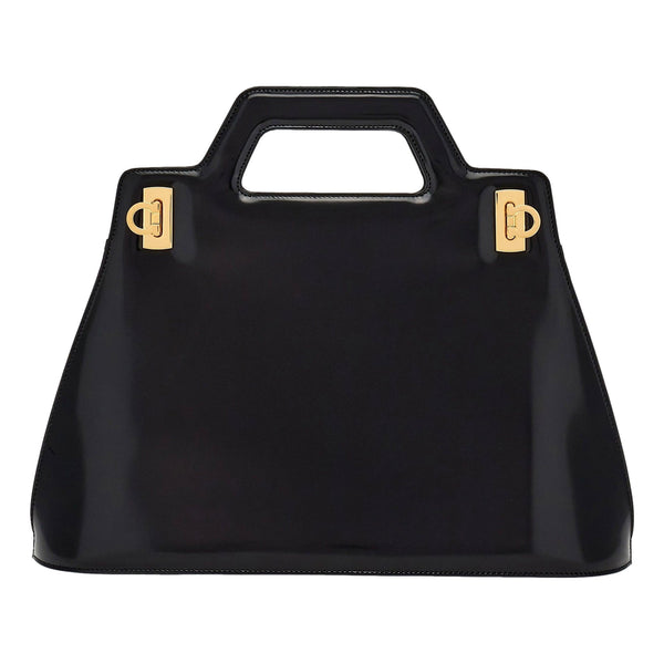 Ferragamo Wanda Black Patent Leather Top Handle Handbag in Black, authentic new handbag, image 1