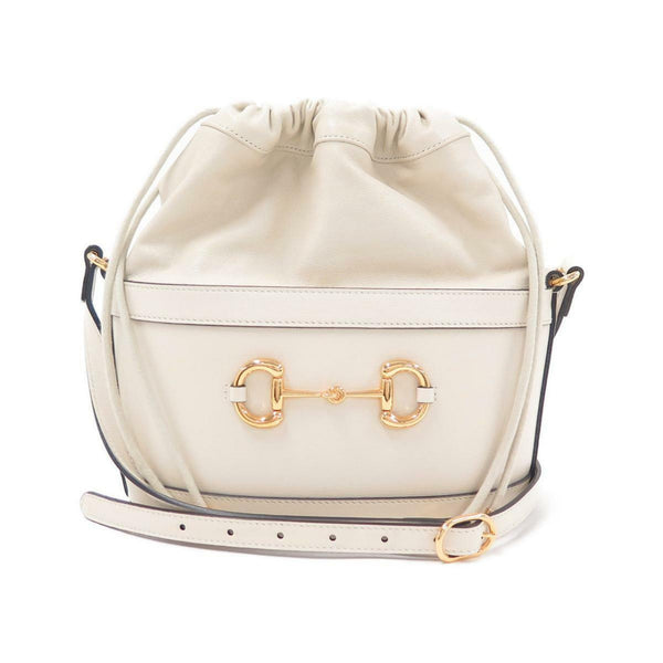 Gucci 1955 Horsebit White Leather Bucket Bag Drawstring Crossbody in White, authentic new handbag, image 1