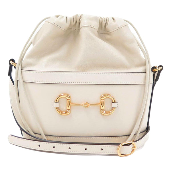 Gucci 1955 Horsebit White Leather Bucket Bag Drawstring Crossbody in White, authentic new handbag, image 2