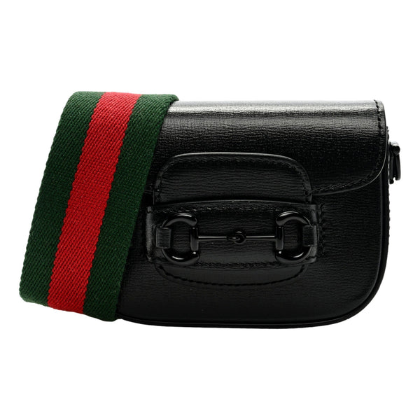 Gucci Horsebit 1955 Mini Black Calfskin Leather Web Stripe Crossbody Bag in Black, authentic new handbag, image 1