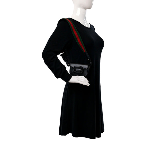 Gucci Horsebit 1955 Mini Black Calfskin Leather Web Stripe Crossbody Bag in Black, authentic new handbag, image 5