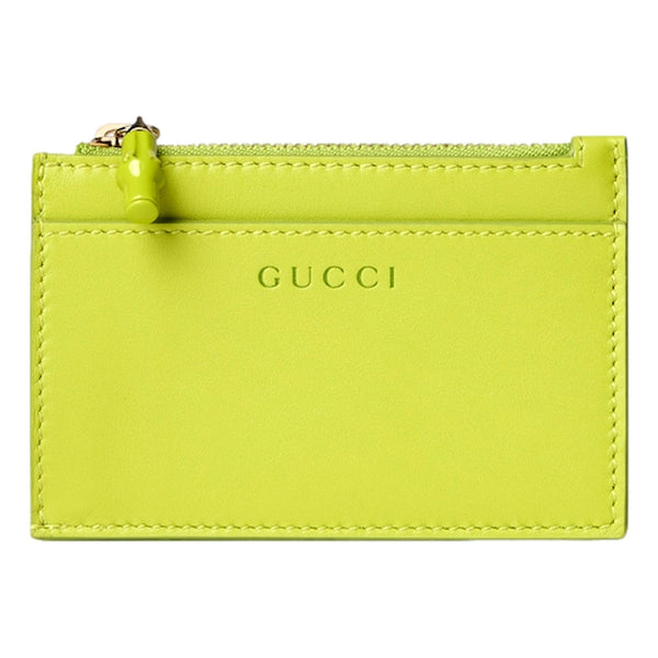 Gucci Bamboo Series Lime Green Leather Zipper Card Holder Wallet in Firefly Lime Green, authentic new wallet, image 1