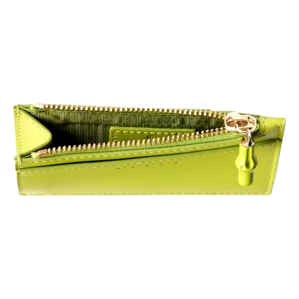Gucci Bamboo Series Lime Green Leather Zipper Card Holder Wallet in Firefly Lime Green, authentic new wallet, image 4