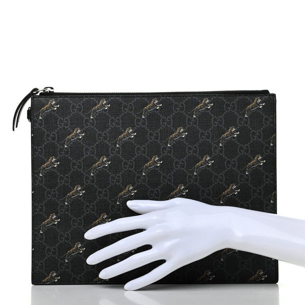 Gucci Black GG Supreme Monogram Tiger Print Clutch Bag in Black, authentic new handbag, image 2