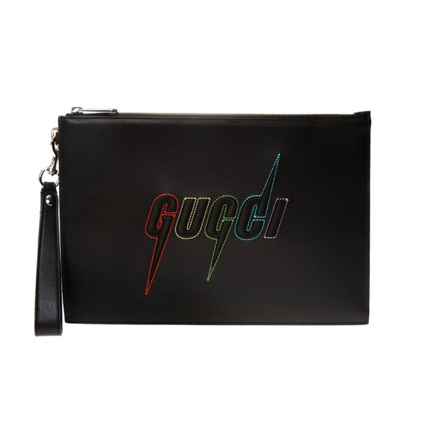 Gucci Blade Embroidered Black Leather Pouch Wristlet Clutch Bag in Black, authentic new handbag, image 1