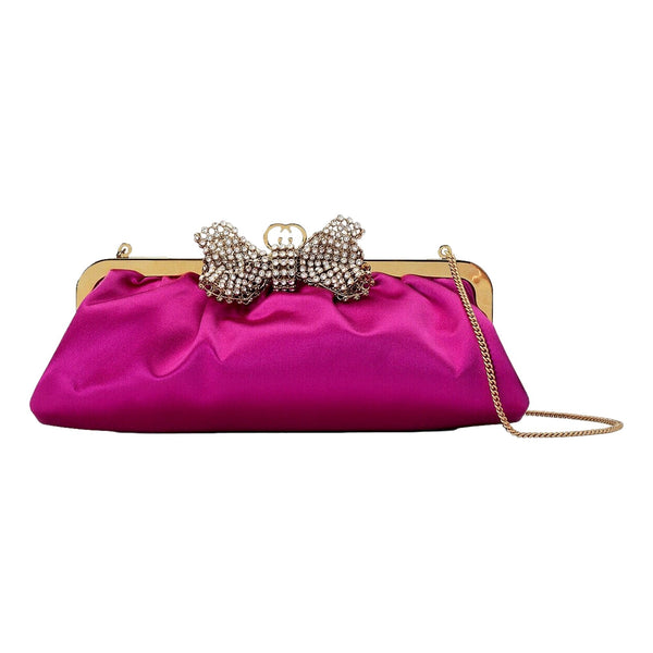 Gucci Broadway Crystal Bow Clutch Chain Shoulder Bag Fuchsia Satin in Fuchsia, authentic new handbag, image 1