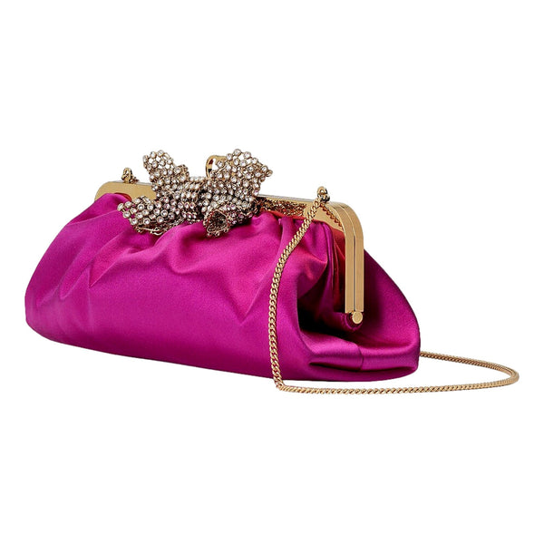 Gucci Broadway Crystal Bow Clutch Chain Shoulder Bag Fuchsia Satin in Fuchsia, authentic new handbag, image 2