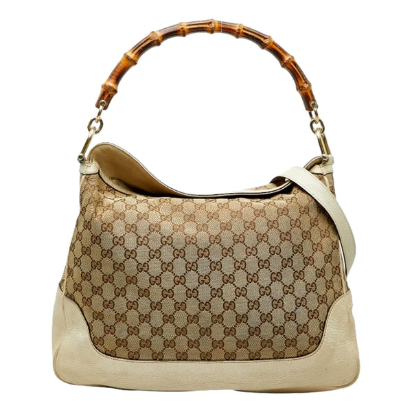 Gucci Diana Bamboo GG Canvas Medium Shoulder Bag White Leather in White, authentic pre-loved handbag, image 3