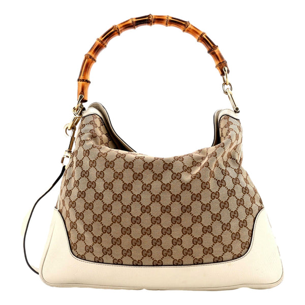 Gucci Diana Bamboo GG Canvas Medium Shoulder Bag White Leather in White, authentic pre-loved handbag, image 1