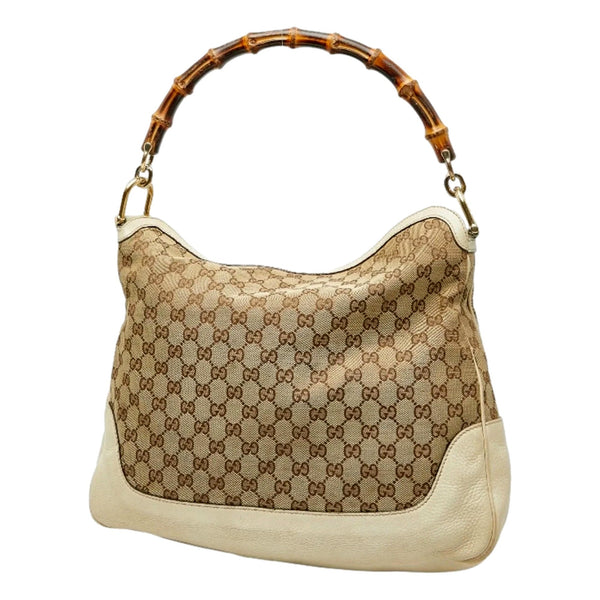 Gucci Diana Bamboo GG Canvas Medium Shoulder Bag White Leather in White, authentic pre-loved handbag, image 2