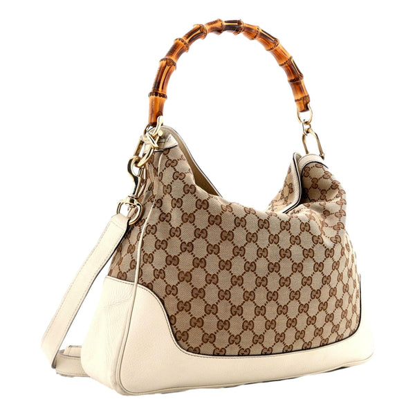 Gucci Diana Bamboo GG Canvas Medium Shoulder Bag White Leather in White, authentic pre-loved handbag, image 4
