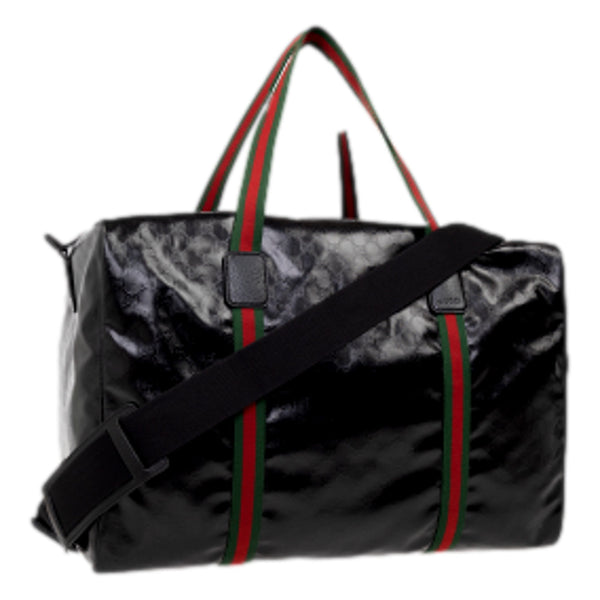 Gucci Duffle Maxi GG Black Glossy Fabric Duffel Bag Leather Trim in Black, authentic new handbag, image 2