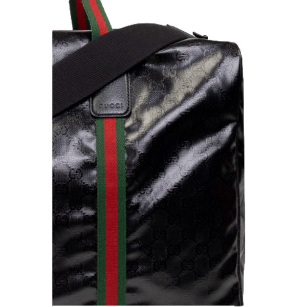 Gucci Duffle Maxi GG Black Glossy Fabric Duffel Bag Leather Trim in Black, authentic new handbag, image 4
