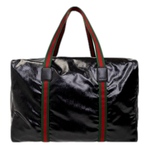 Gucci Duffle Maxi GG Black Glossy Fabric Duffel Bag Leather Trim in Black, authentic new handbag, image 1