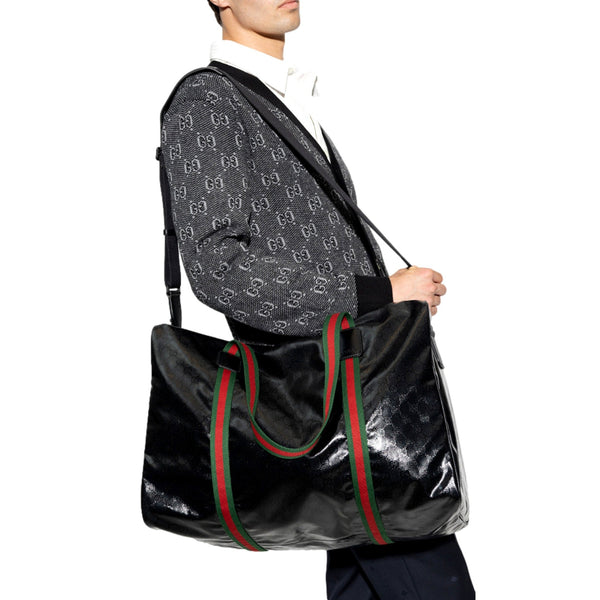 Gucci Duffle Maxi GG Black Glossy Fabric Duffel Bag Leather Trim in Black, authentic new handbag, image 5