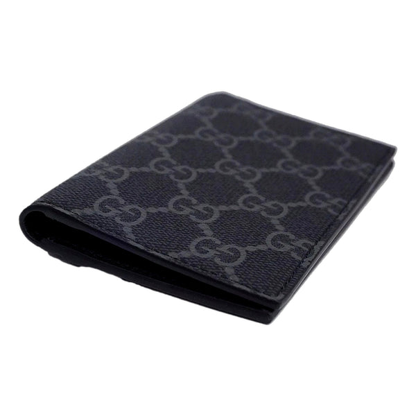 Gucci GG Emblem Black Leather and Canvas Vertical Bifold Wallet in Black and Dark Grey GG Monogram, authentic new wallet, ima