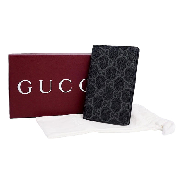 Gucci GG Emblem Black Leather and Canvas Vertical Bifold Wallet in Black and Dark Grey GG Monogram, authentic new wallet, ima