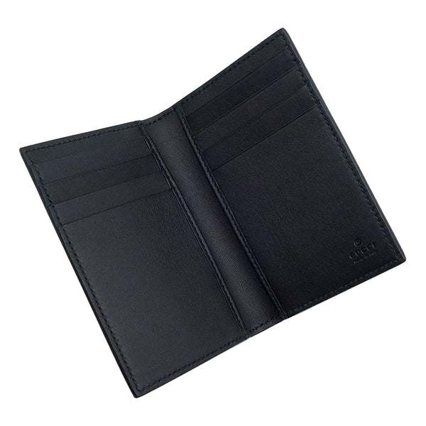Gucci GG Emblem Black Leather and Canvas Vertical Bifold Wallet in Black and Dark Grey GG Monogram, authentic new wallet, ima