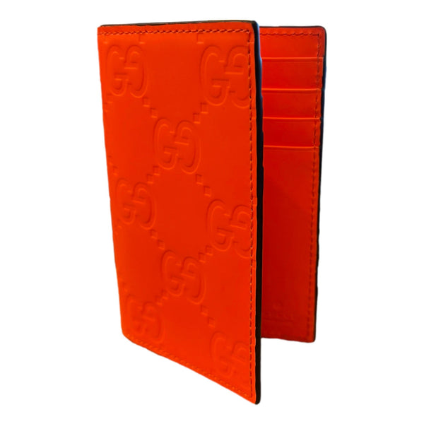 Gucci GG Leather Rubber Effect Neon Orange Folding Wallet Card Holder in Neon Orange, authentic new wallet, image 4
