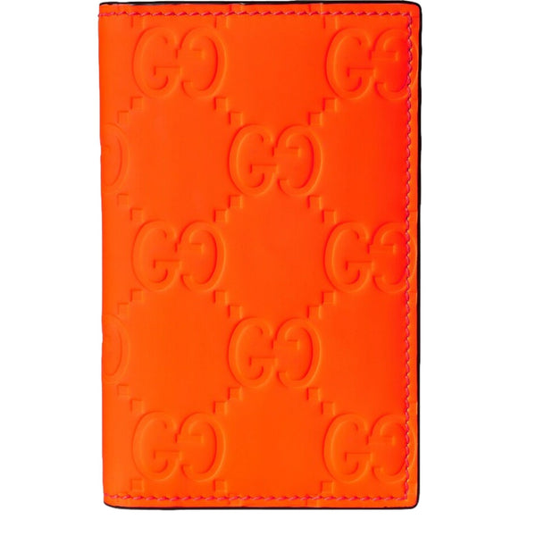 Gucci GG Leather Rubber Effect Neon Orange Folding Wallet Card Holder in Neon Orange, authentic new wallet, image 1