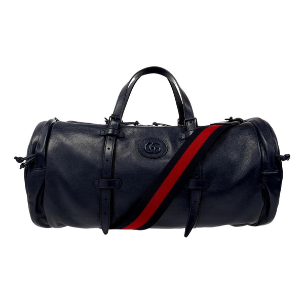Gucci GG Logo Deep Blue Buffalo Leather Duffle Tote with Strap in Navy Blue, authentic new handbag, image 1