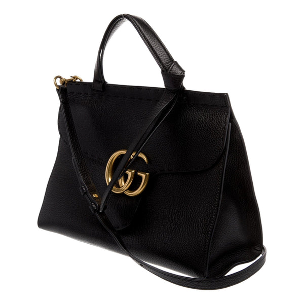 Gucci GG Marmont Black Calfskin Top Handle Satchel Handbag in Black, authentic pre-loved handbag, image 2