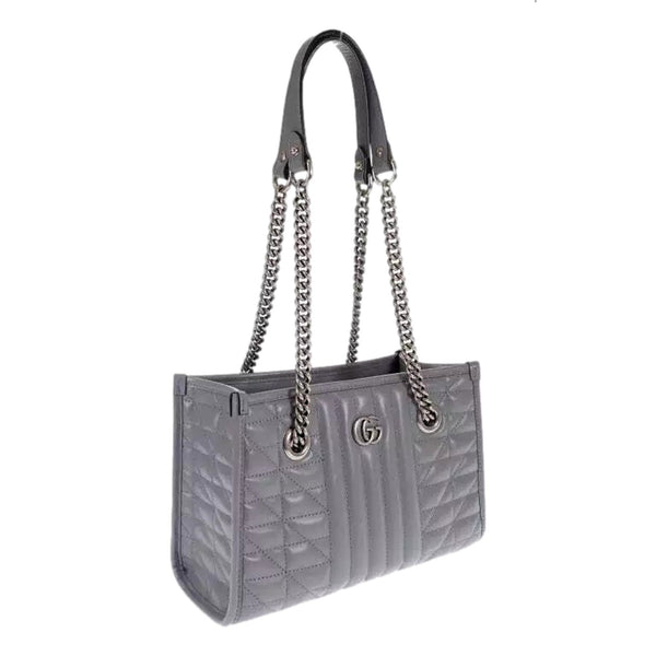 Gucci GG Marmont Silver Medium Chain Shoulder Tote Bag Gray Leather in Gray, authentic new handbag, image 2