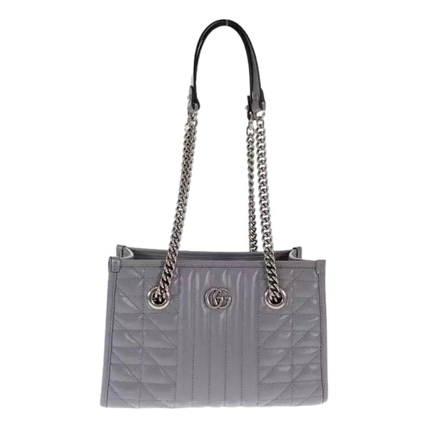 Gucci GG Marmont Silver Medium Chain Shoulder Tote Bag Gray Leather in Gray, authentic new handbag, image 1